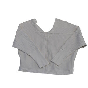 Free People Waffle Knit Top Size Small White Oversized Boxy Long Sleeve Rib Cuff